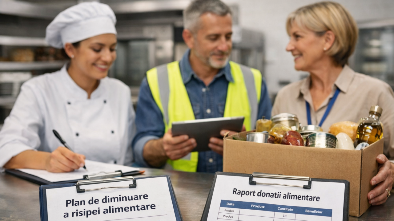Operatori HoReCa si industria alimentara analizand documente privind risipa alimentara conform Legii 217/2016 si HG 955/2024